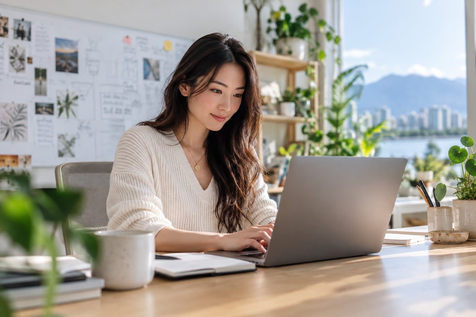 A young founder working on her laptop in a bright studio